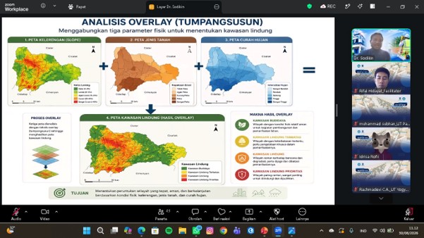 Dr. Sodikin, S.Pd, M.Si, M.P.W.K., menjelaskan teknik analisis overlay (tumpeng susun) dengan menggabungkan tiga parameter fisik untuk menentukan kawasan lindung